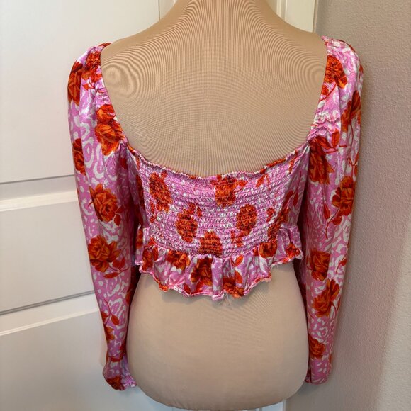 Topshop Rose Animal Print Satin Long Sleeve Crop Top Pink Red Size 8 #187 - Picture 5 of 11